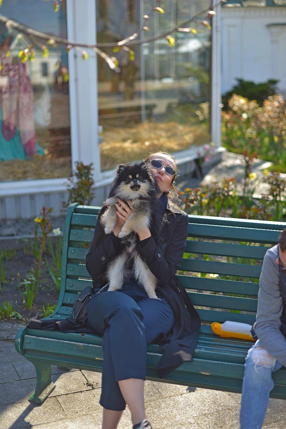 Жінка в окулярах та маленький песик, шпіц. A woman with glasses and a small dog, a spitz. Женщина в очках и маленькая собачка, шпиц.