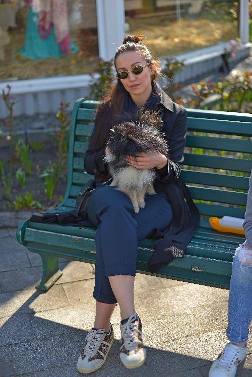 Жінка в окулярах та маленький песик, шпіц. A woman with glasses and a small dog, a spitz. Женщина в очках и маленькая собачка, шпиц.